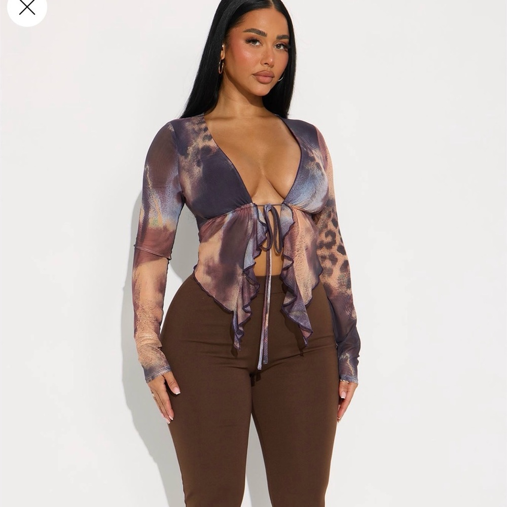 Ruffle Mesh Flyaway Top - Brown/combo
